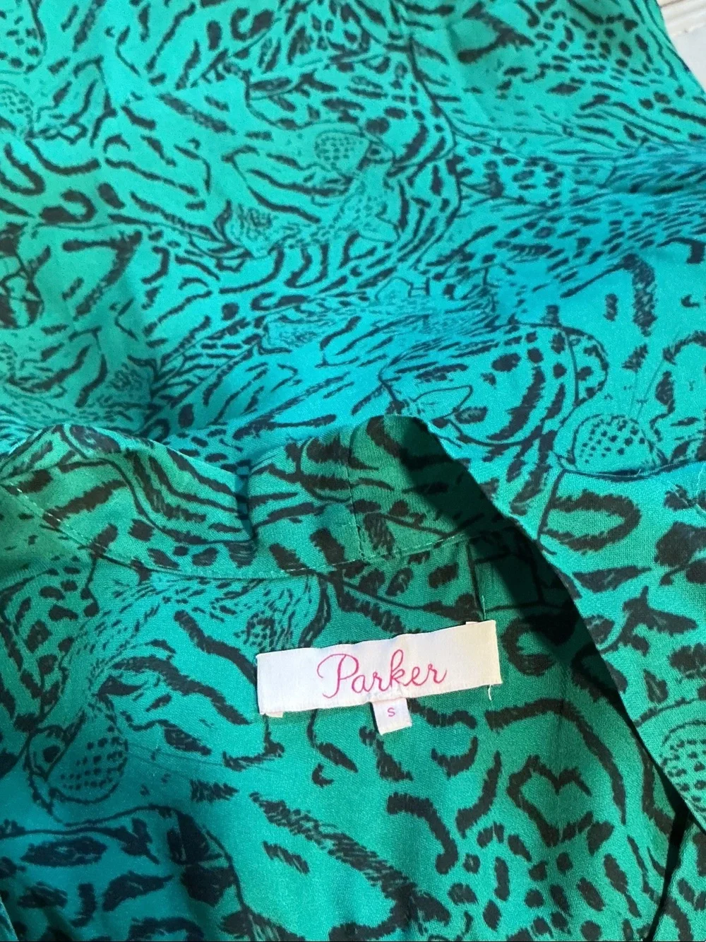 Parker Green Printed Long-Sleeve Tie-Neck Dress